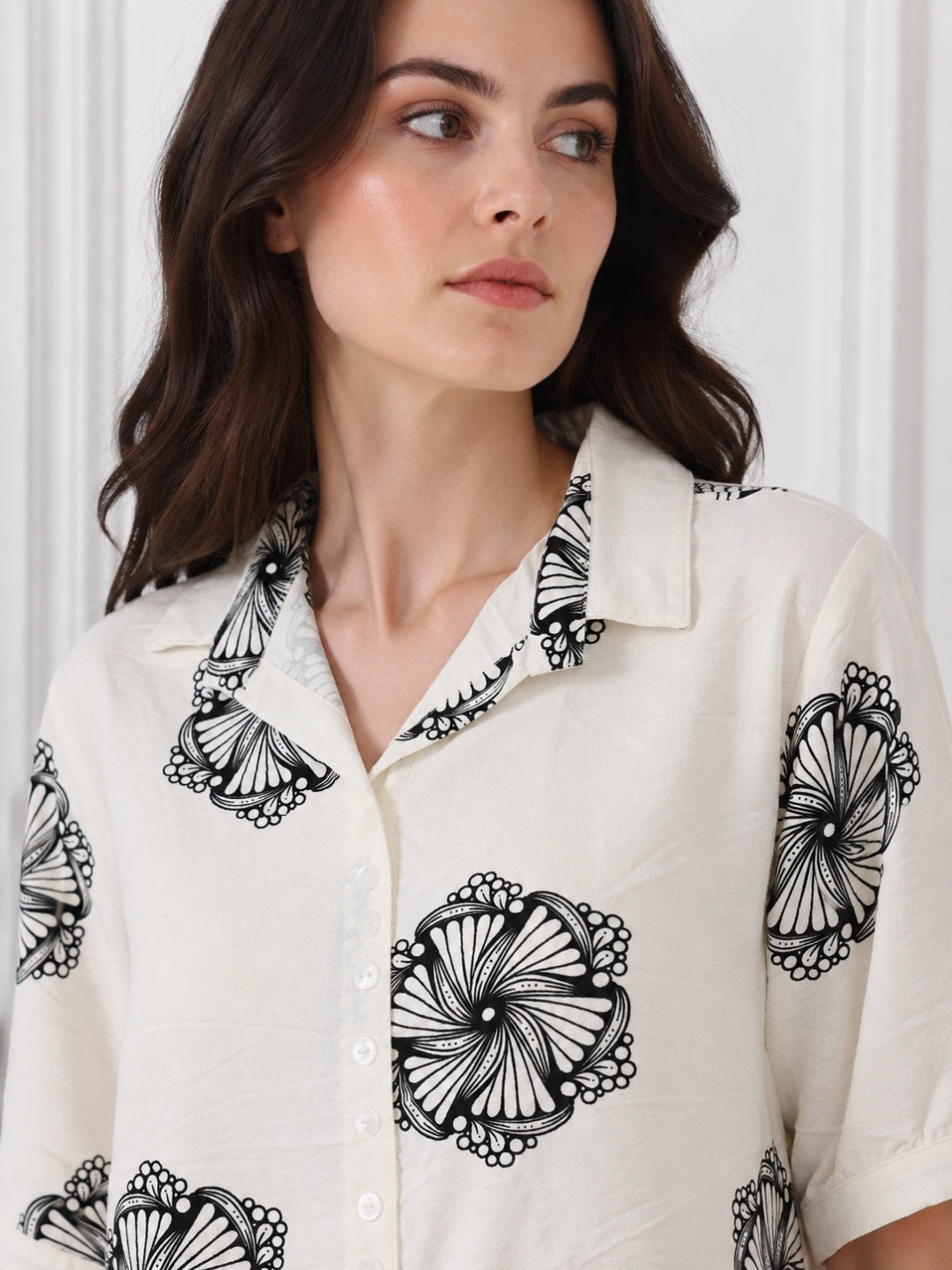 Women's White Printed Half Sleeve Shirt