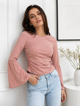 Women's Solid Bell Sleeve Ruched Crop Top