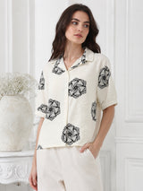 Women's White Printed Half Sleeve Shirt