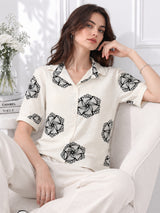 Women's White Printed Half Sleeve Shirt