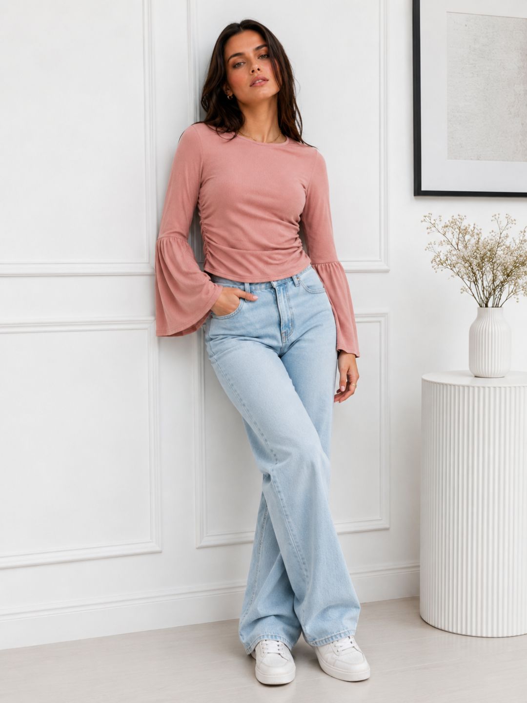Women's Solid Bell Sleeve Ruched Crop Top
