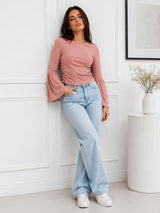 Women's Solid Bell Sleeve Ruched Crop Top