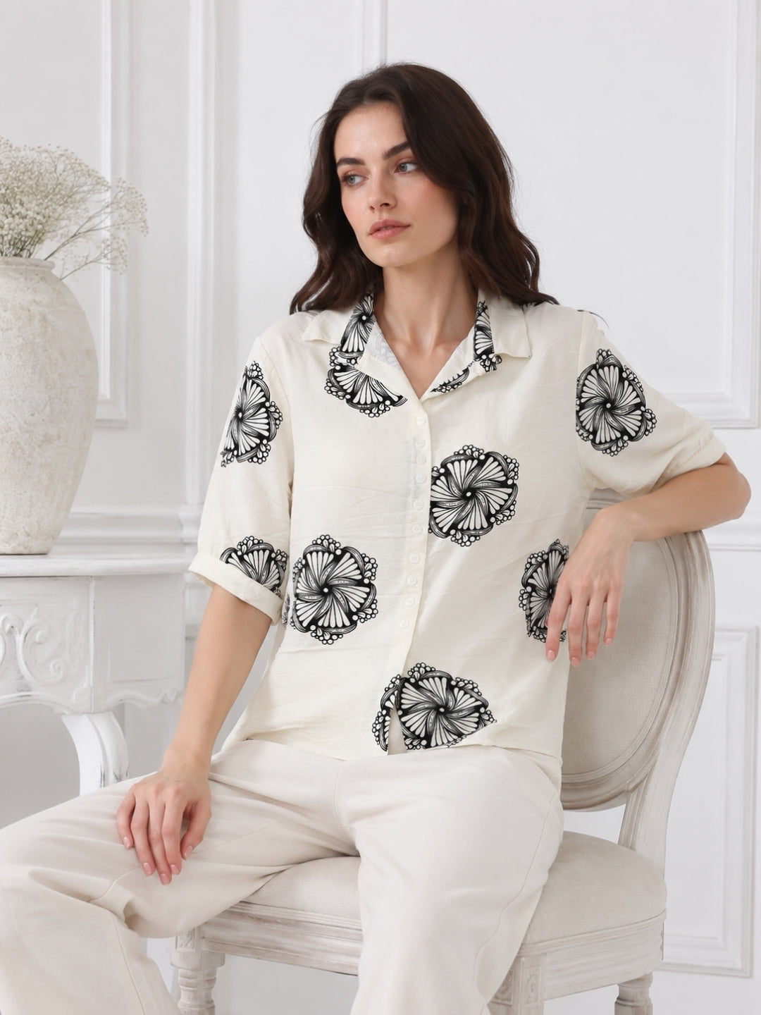Women's White Printed Half Sleeve Shirt