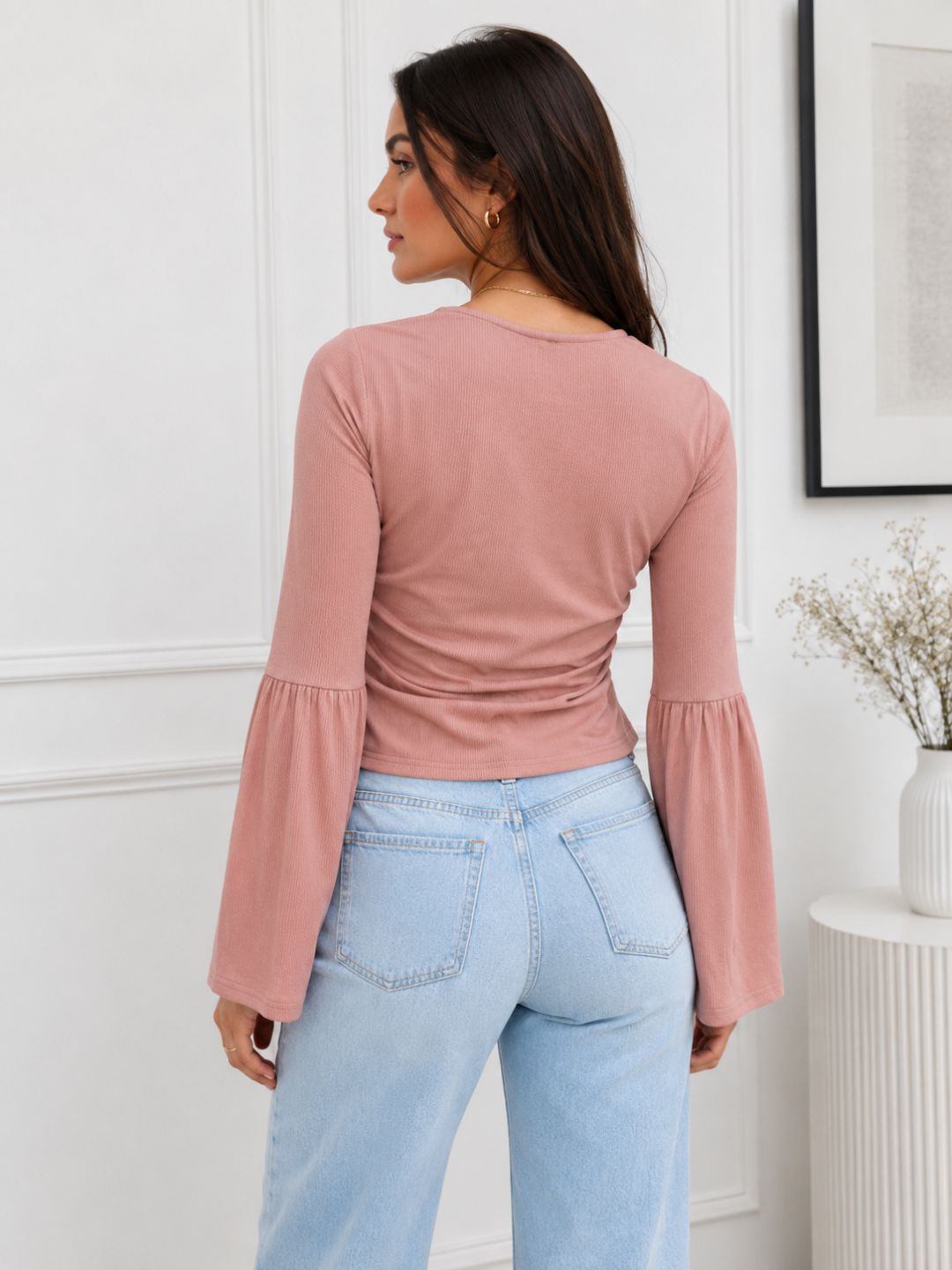 Women's Solid Bell Sleeve Ruched Crop Top