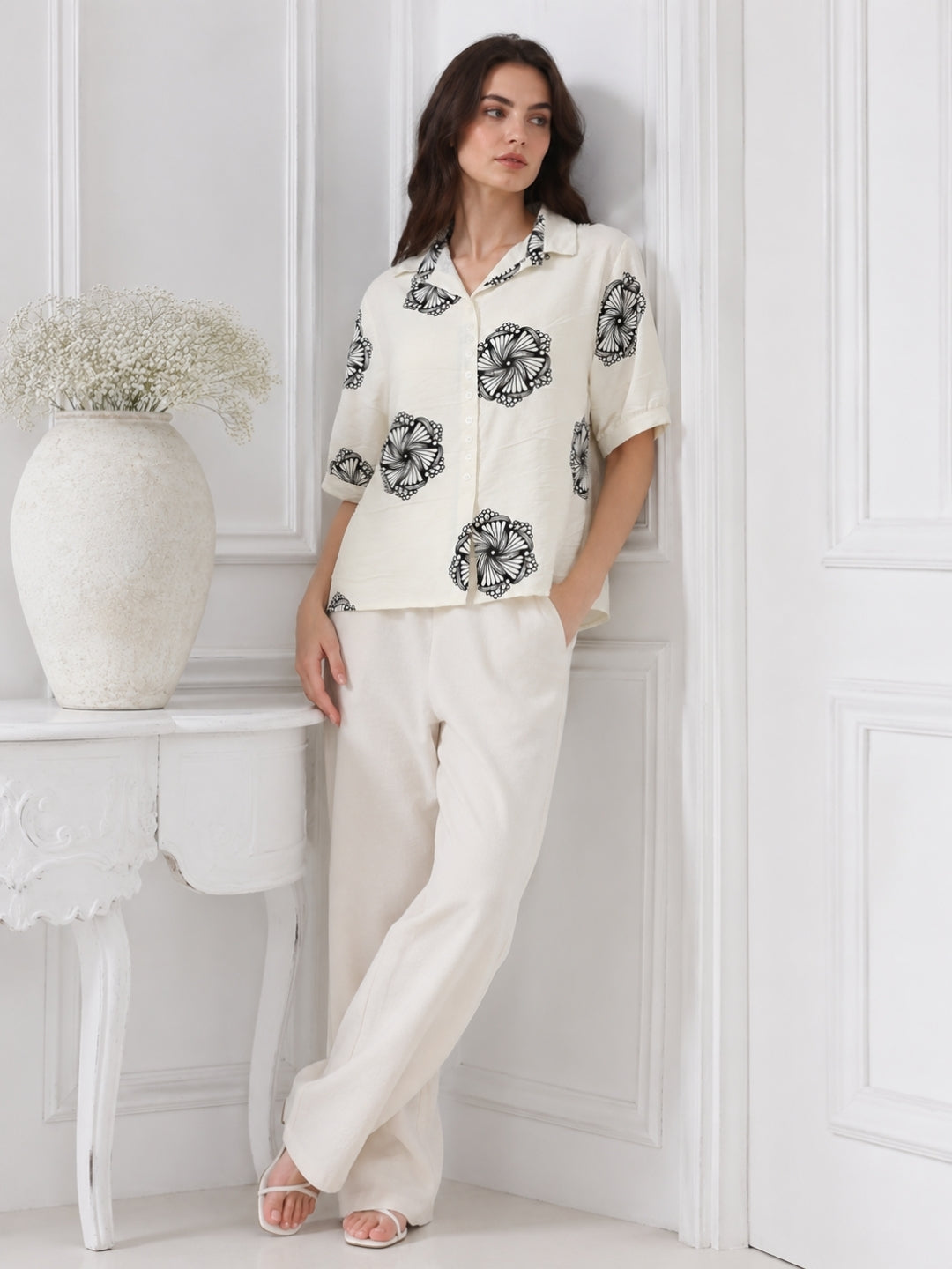 Women's White Printed Half Sleeve Shirt