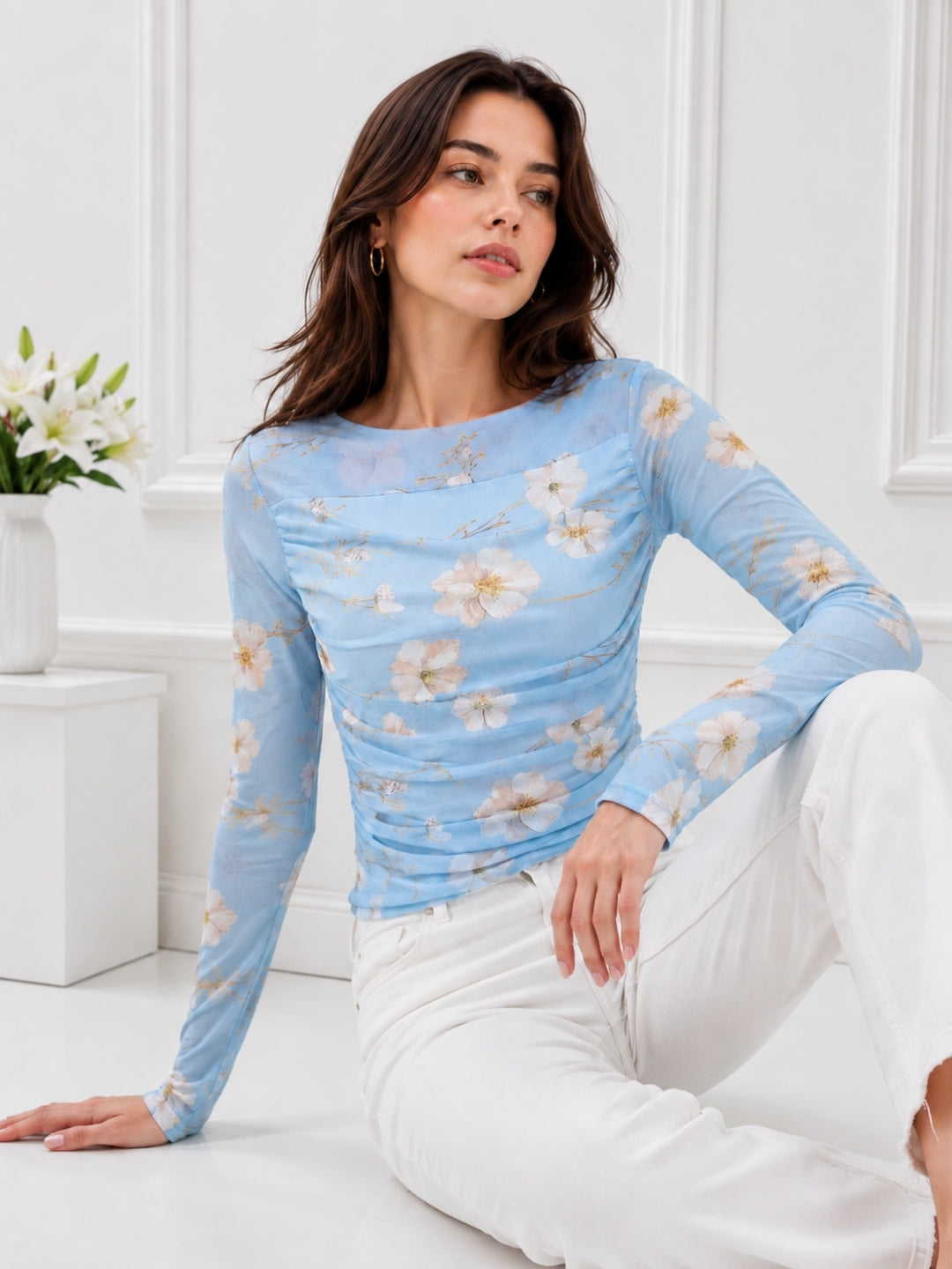 Clobug Women Floral Print Net Top