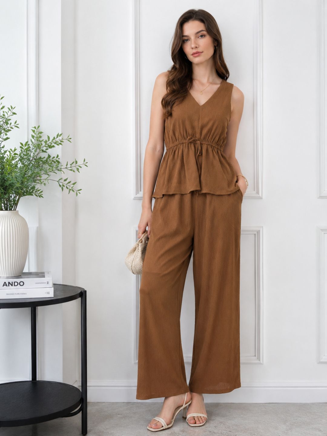 Women's Brown V Neck Co-Ord Set