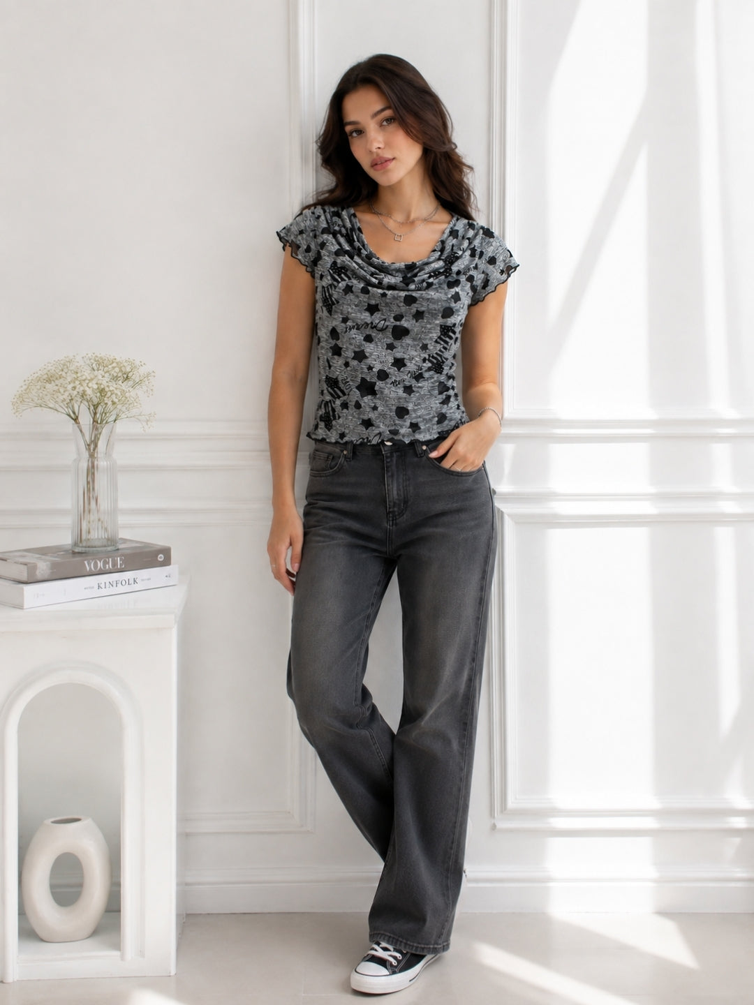 Women's Printed Short Sleeve Cotton Blend Cowl Neck Top