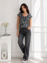 Women's Printed Short Sleeve Cotton Blend Cowl Neck Top