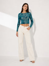 Clobug Women Round Neck Print Sheer Top