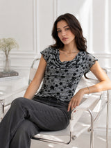 Women's Printed Short Sleeve Cotton Blend Cowl Neck Top