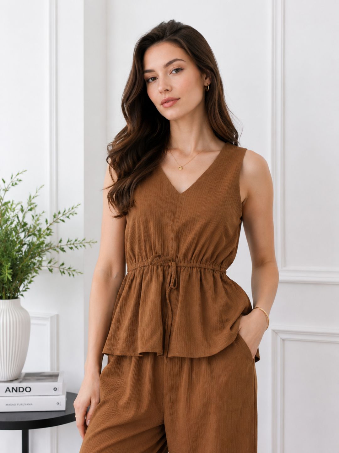 Women's Brown V Neck Co-Ord Set