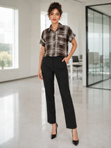 Clobug Women Check Brown Shirt With Half Sleeve & Shirt Collar