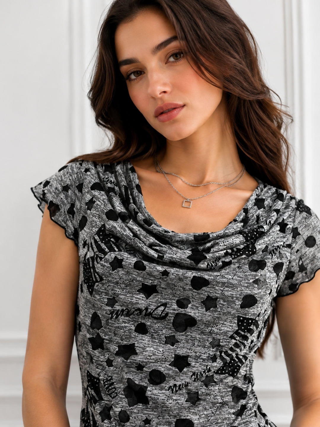 Women's Printed Short Sleeve Cotton Blend Cowl Neck Top