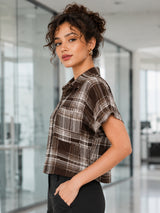 Clobug Women Check Brown Shirt With Half Sleeve & Shirt Collar