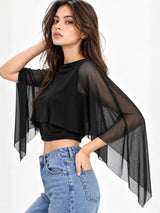 Clobug Women Boat Neck Sheer Cape Sleeve Crop Top