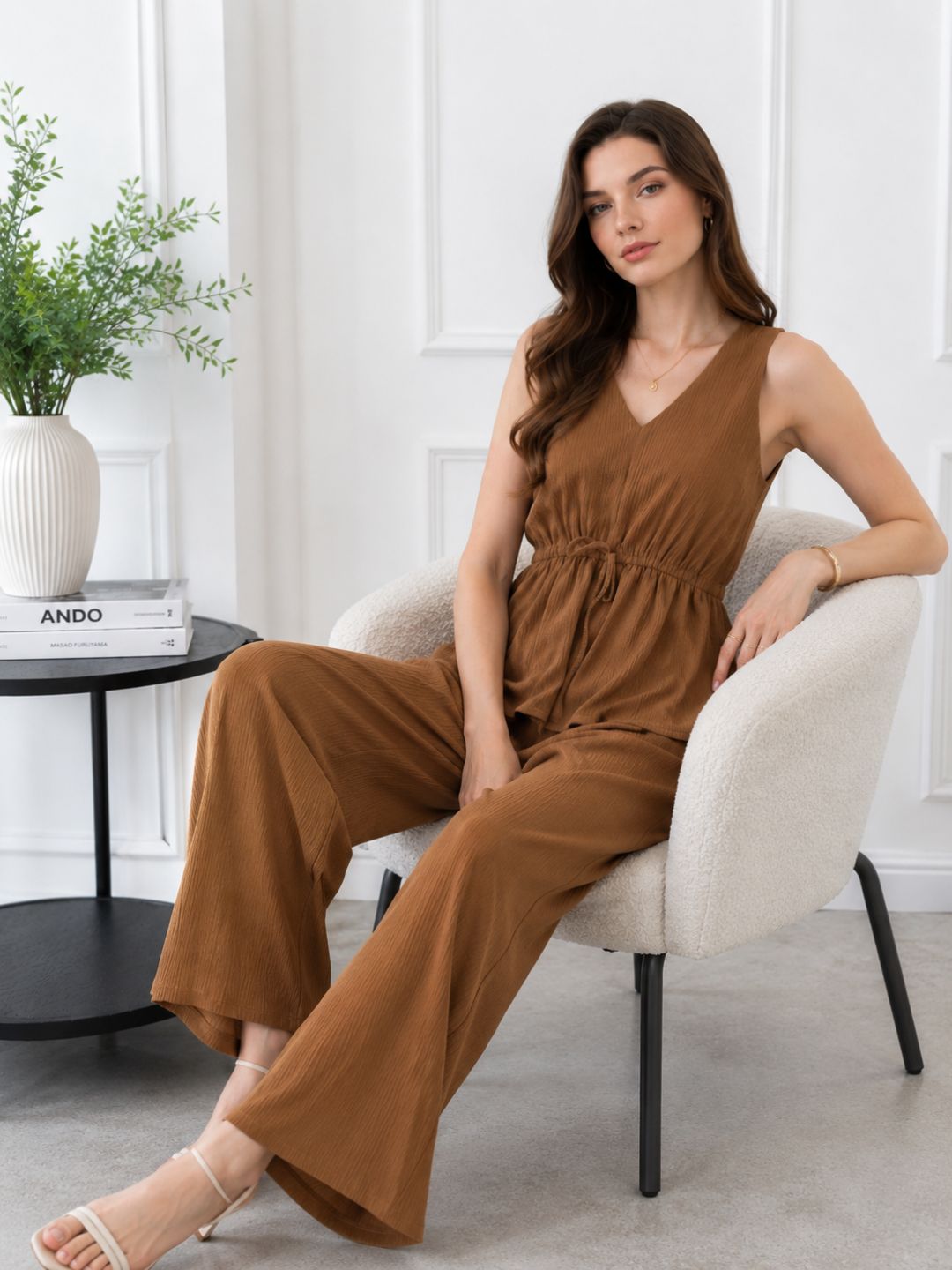 Women's Brown V Neck Co-Ord Set