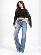 Clobug Women Boat Neck Sheer Cape Sleeve Crop Top