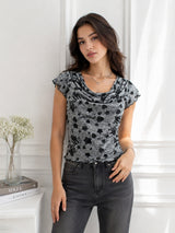 Women's Printed Short Sleeve Cotton Blend Cowl Neck Top