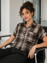 Clobug Women Check Brown Shirt With Half Sleeve & Shirt Collar