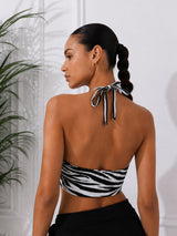 Women Black & White Animal Print Halter Neck Crop Top