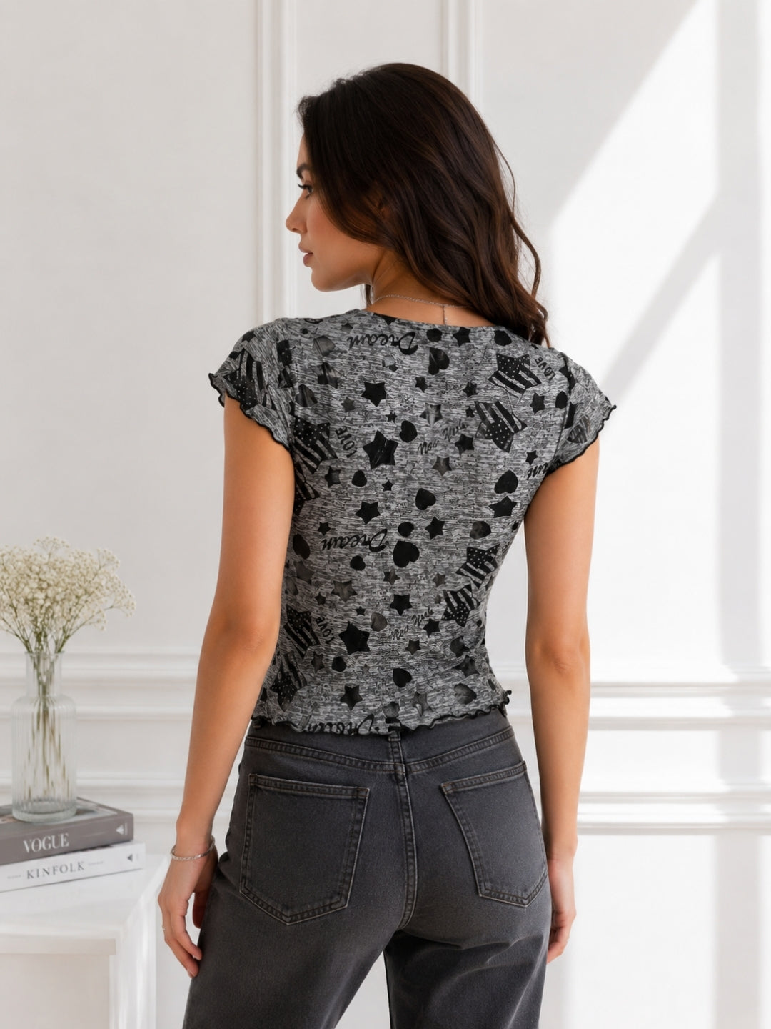 Women's Printed Short Sleeve Cotton Blend Cowl Neck Top