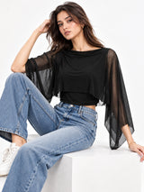 Clobug Women Boat Neck Sheer Cape Sleeve Crop Top
