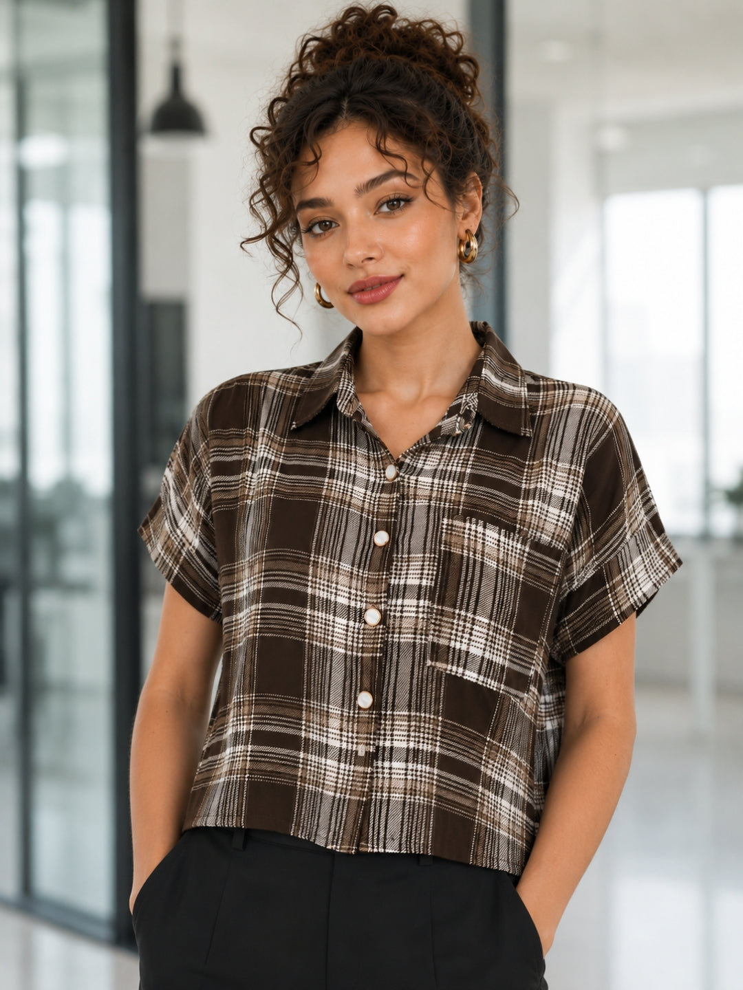Clobug Women Check Brown Shirt With Half Sleeve & Shirt Collar