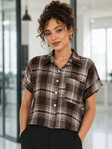 Clobug Women Check Brown Shirt With Half Sleeve & Shirt Collar
