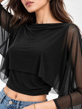 Clobug Women Boat Neck Sheer Cape Sleeve Crop Top