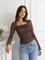 Clobug Women Square Neck Polka Print Top