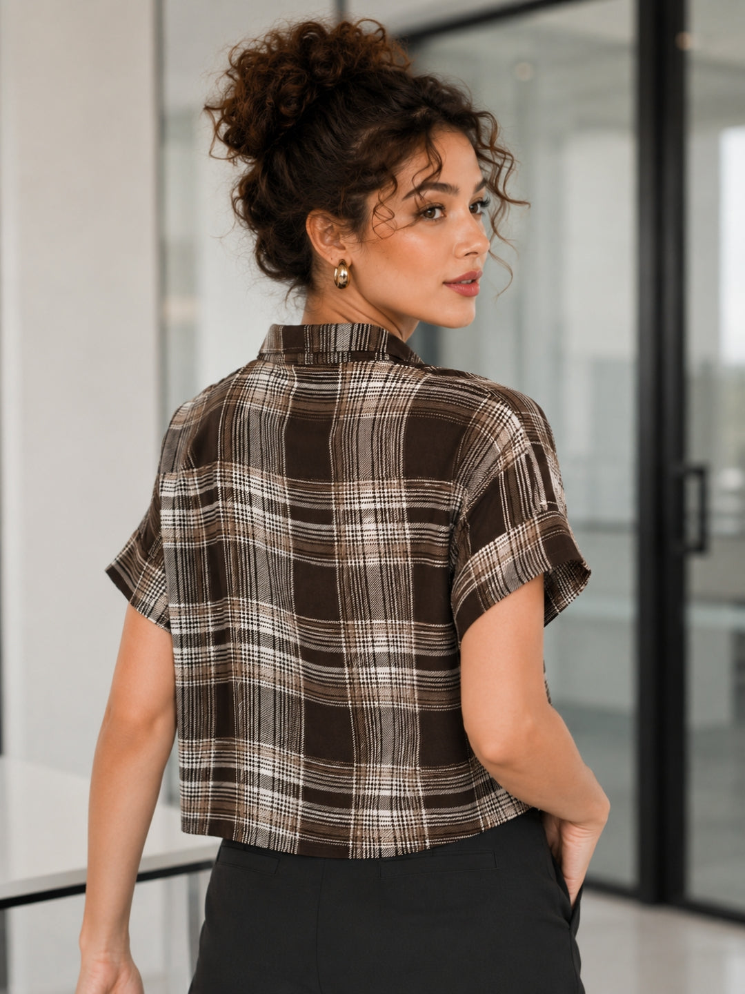 Clobug Women Check Brown Shirt With Half Sleeve & Shirt Collar