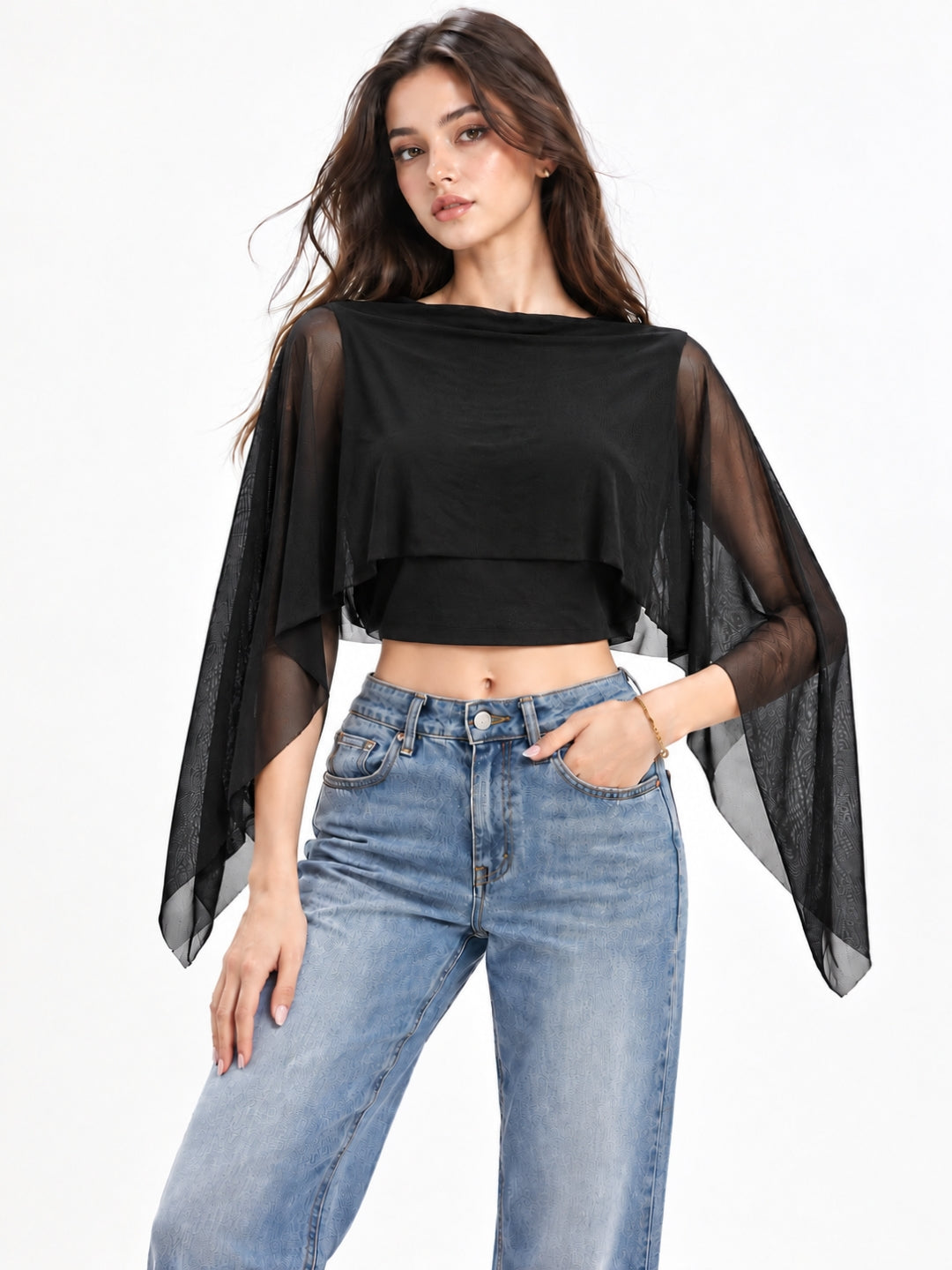 Clobug Women Boat Neck Sheer Cape Sleeve Crop Top
