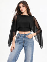 Clobug Women Boat Neck Sheer Cape Sleeve Crop Top