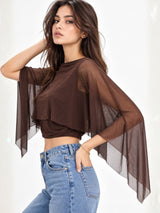 Clobug Women Boat Neck Sheer Cape Sleeve Crop Top