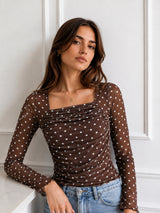 Clobug Women Square Neck Polka Print Top