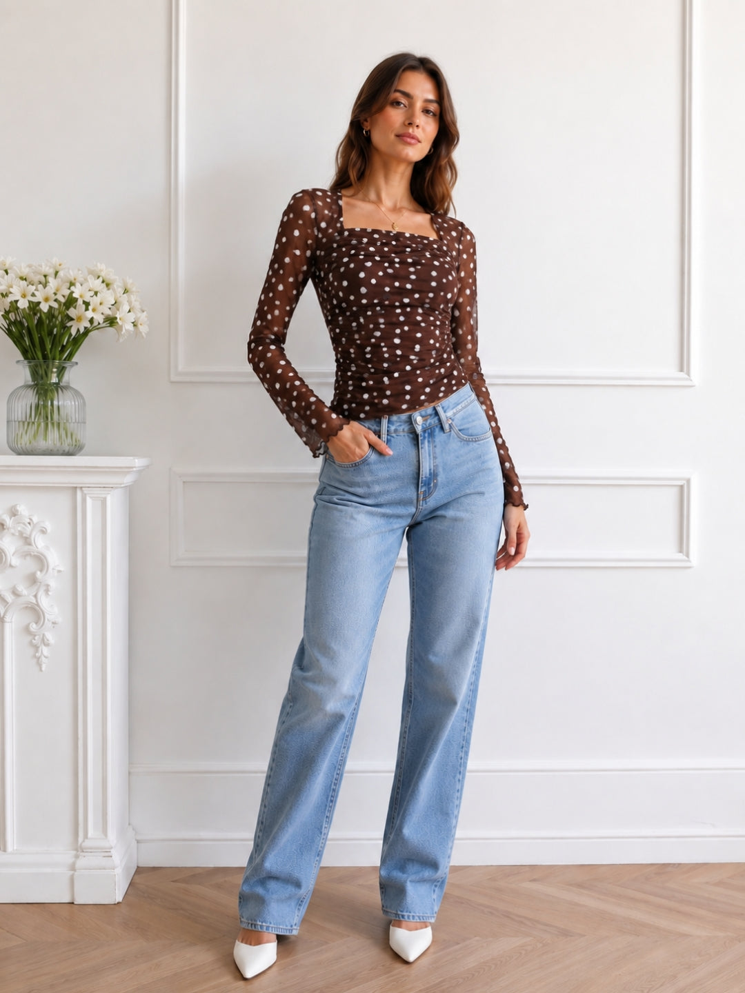 Clobug Women Square Neck Polka Print Top