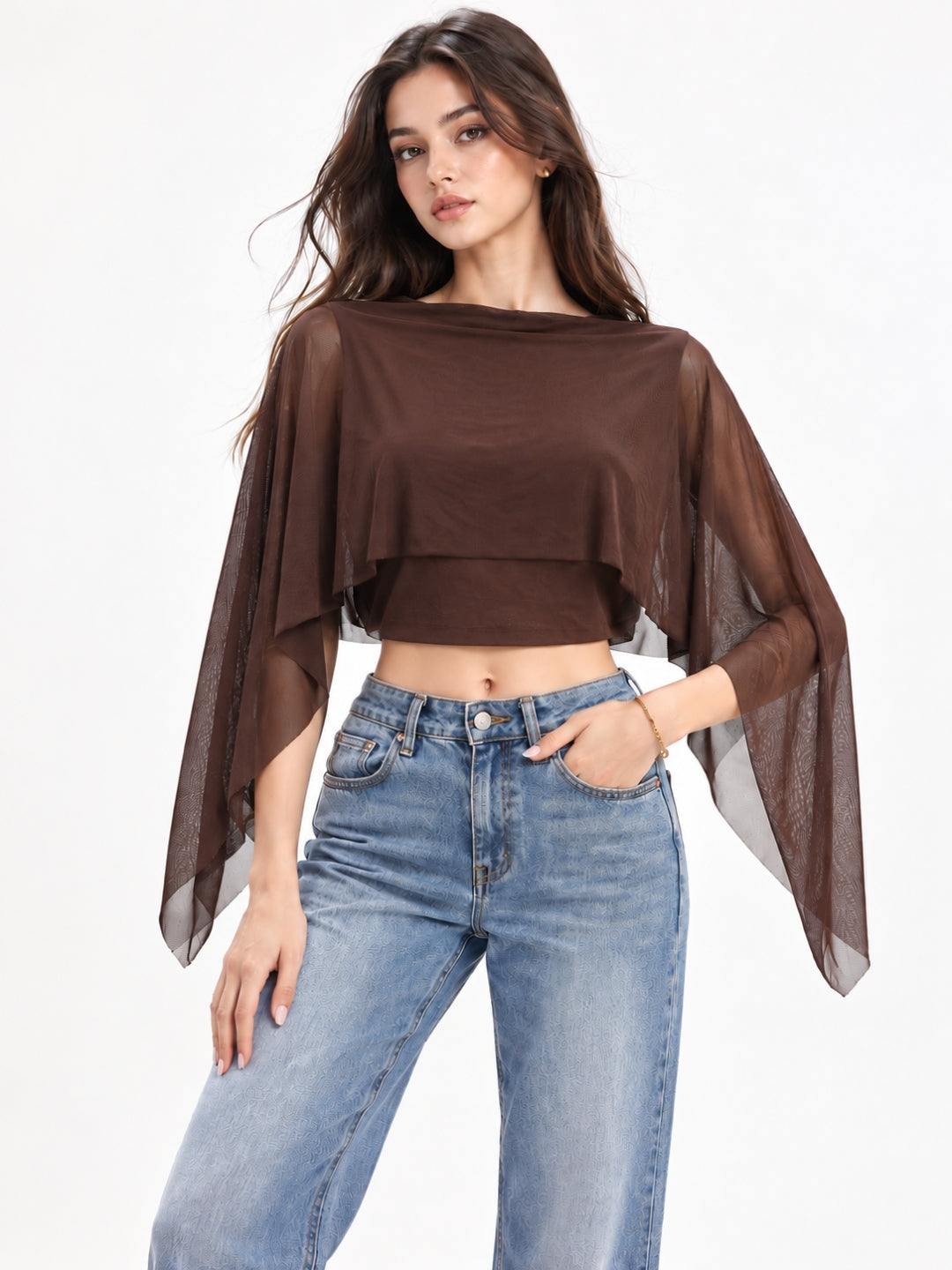 Clobug Women Boat Neck Sheer Cape Sleeve Crop Top