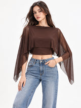 Clobug Women Boat Neck Sheer Cape Sleeve Crop Top