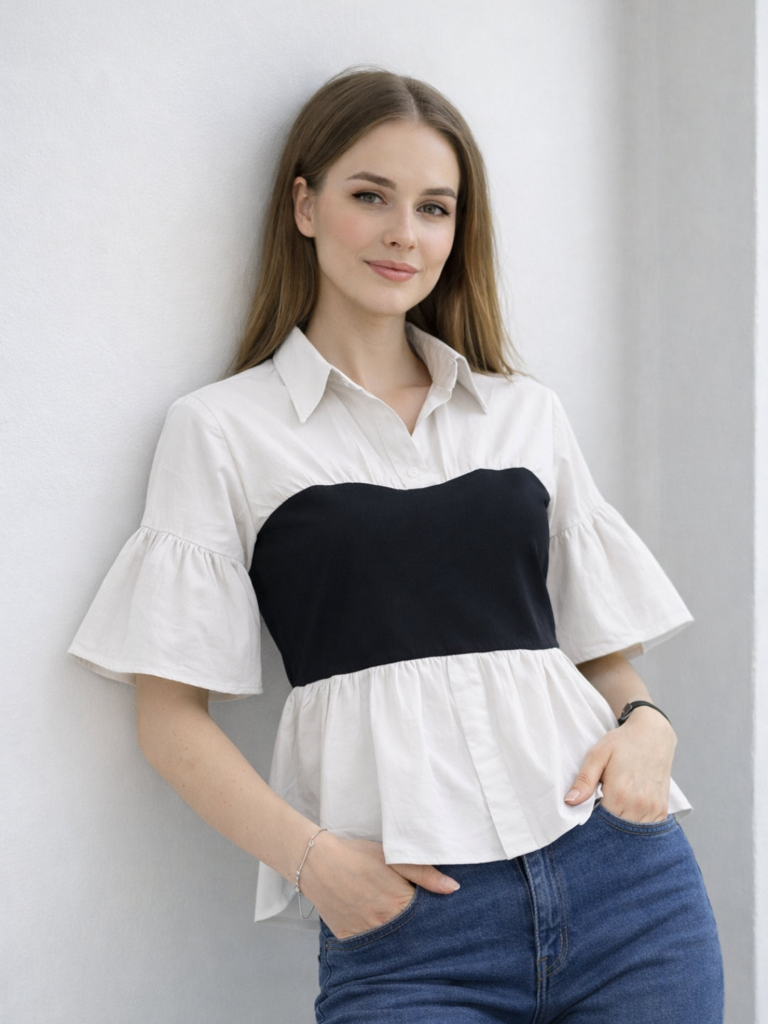 Clobug Women Contrast Panel Peplum Top