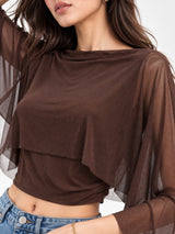 Clobug Women Boat Neck Sheer Cape Sleeve Crop Top