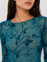 Clobug Women Round Neck Print Sheer Top