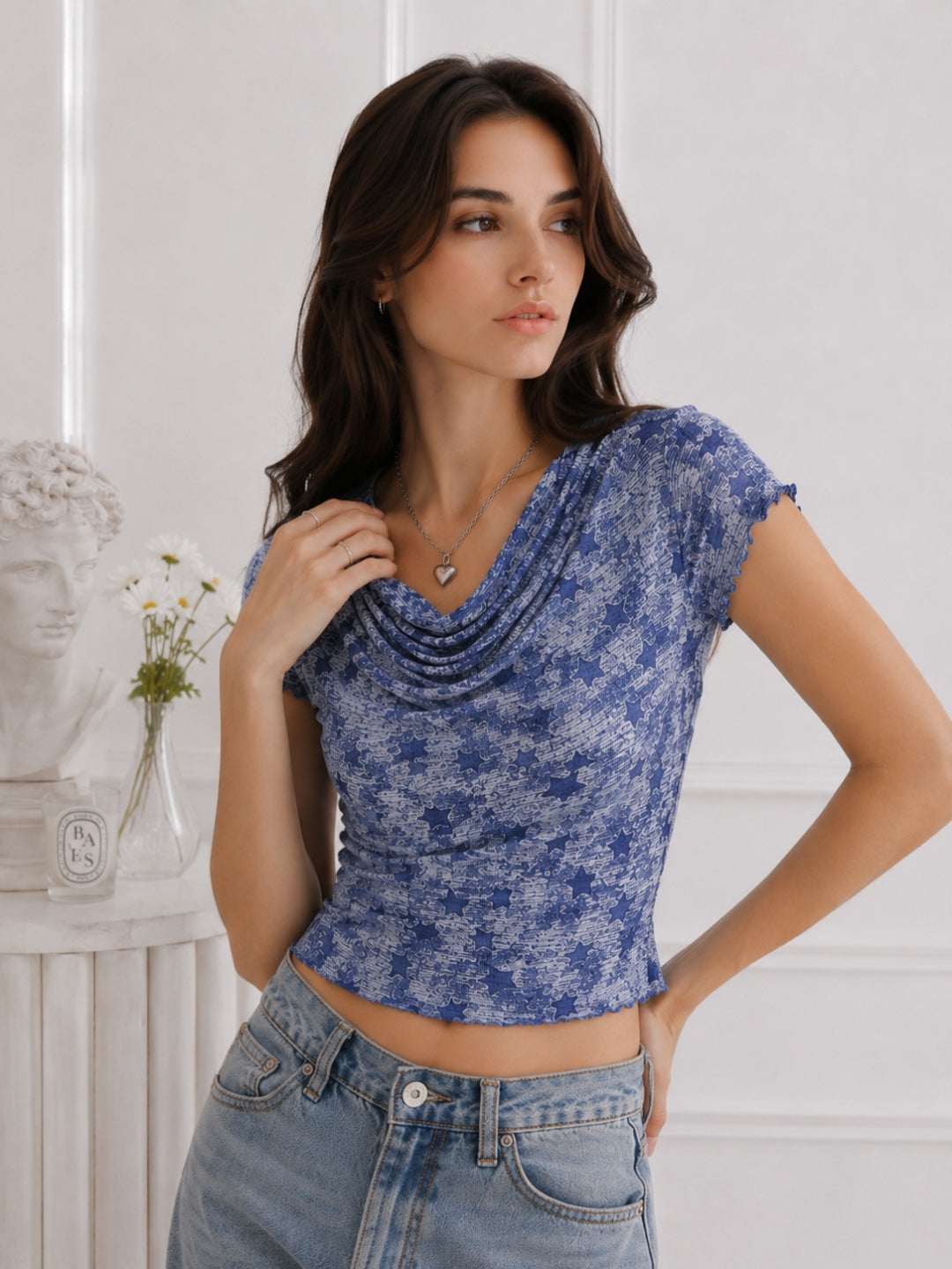 Women Cowl Neck Printed Crop Top