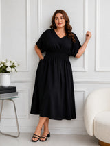 Women's Curve Solid Black V-Neck Midi Dress