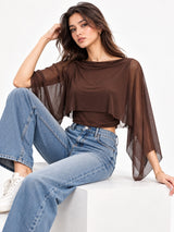 Clobug Women Boat Neck Sheer Cape Sleeve Crop Top