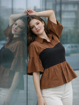 Clobug Women Contrast Panel Peplum Top