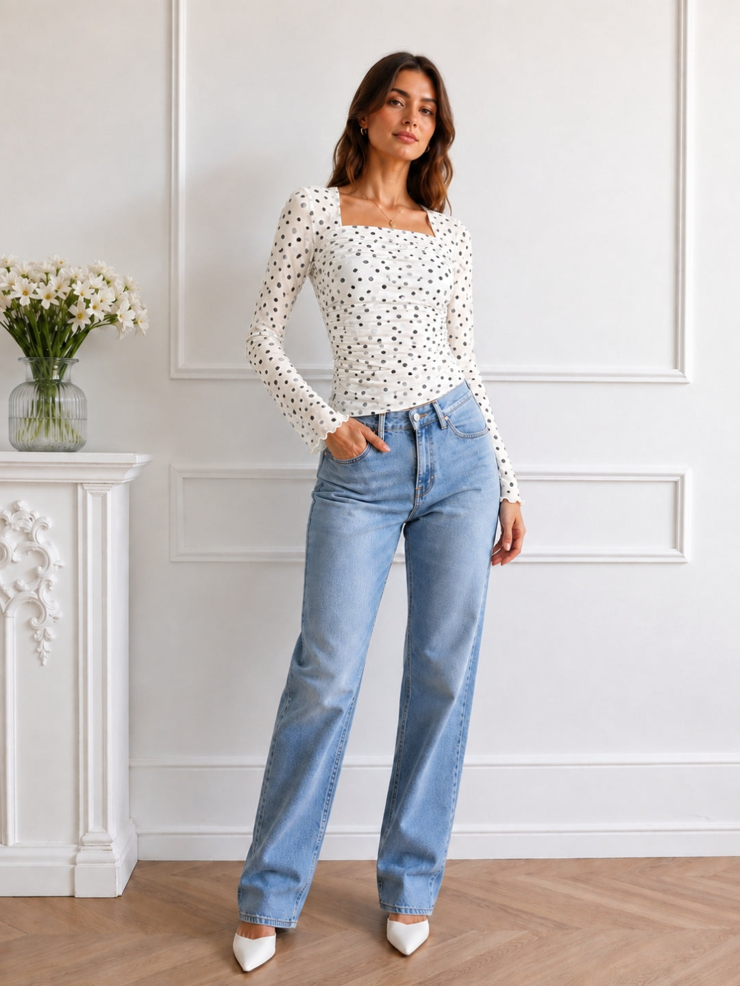 Clobug Women Square Neck Polka Print Top