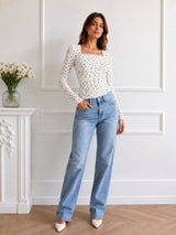 Clobug Women Square Neck Polka Print Top