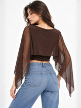 Clobug Women Boat Neck Sheer Cape Sleeve Crop Top
