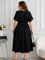 Women's Curve Solid Black V-Neck Midi Dress